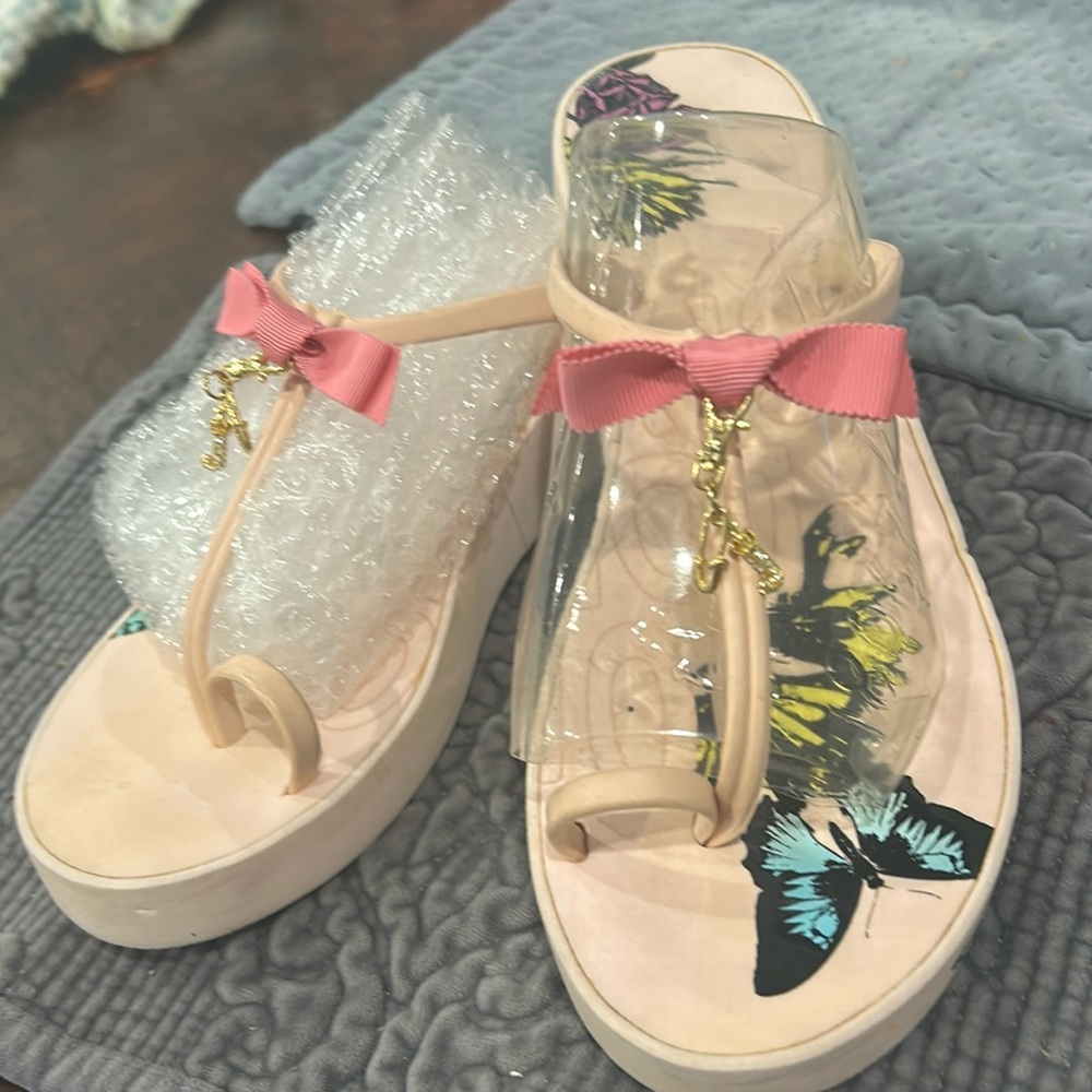 Juicy Couture Pink Flower Child Butterfly Wedge Sandals-sz 10